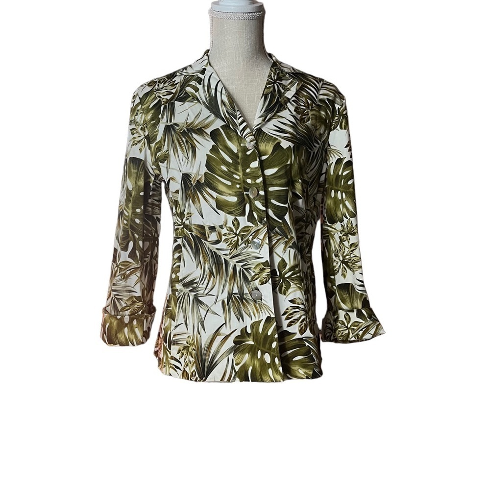 Requirements Spring Bouquet Green White Monstera Lined 4-Button Jacket 8 NWT